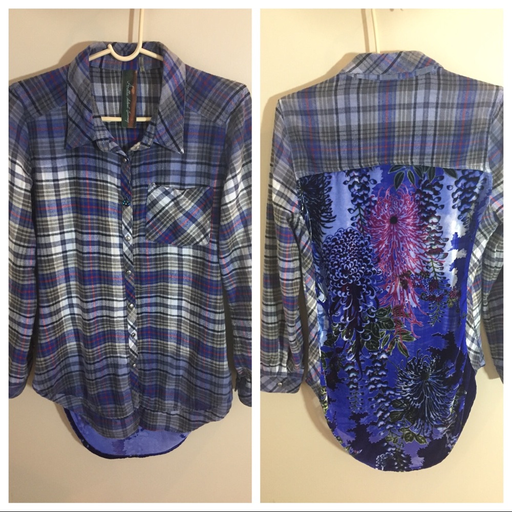 Floral Back Plaid Button-Down Shirt - Blue